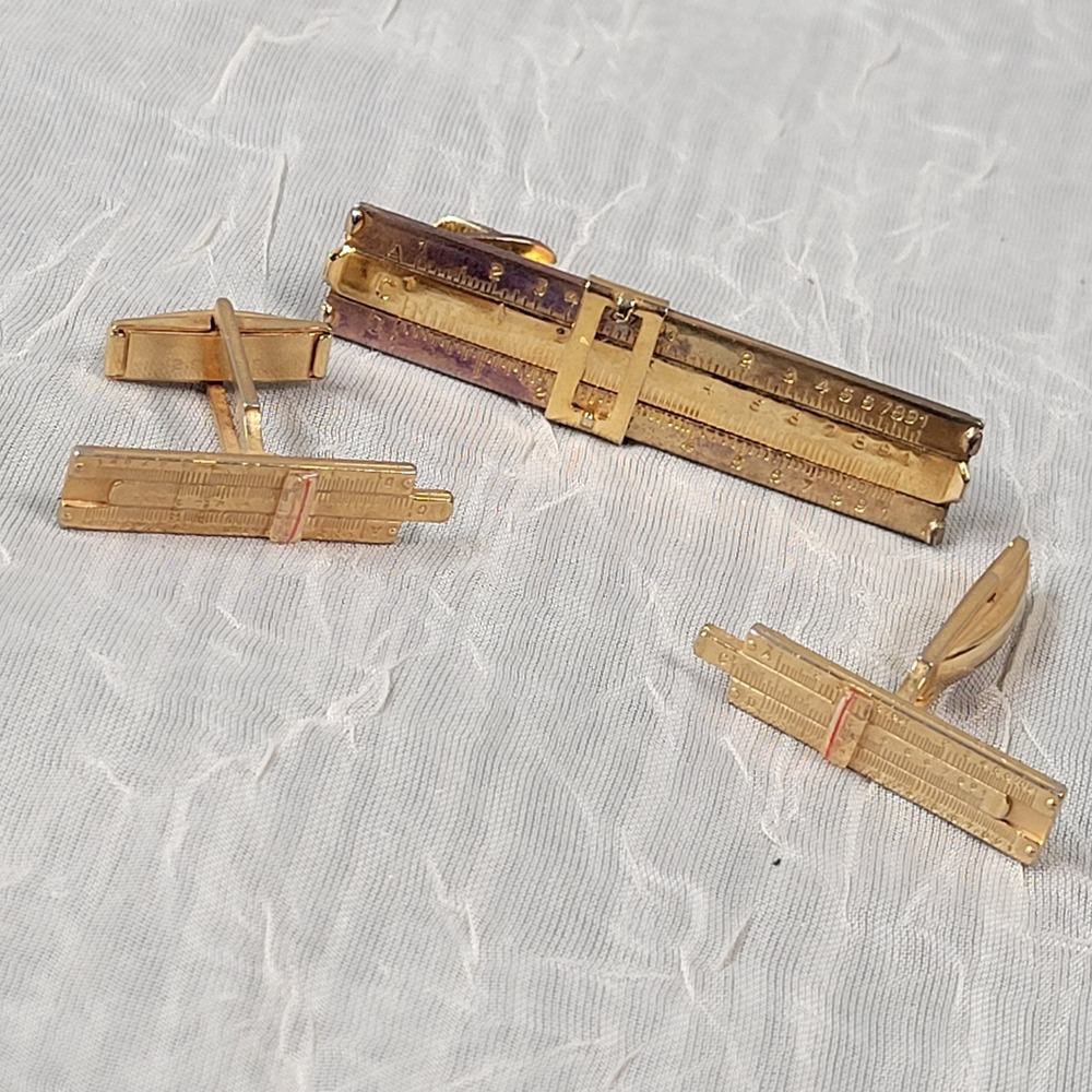 Vernon Gold Tone Slide Rule Tie Bar & Cuff Links Set Novelty Engineer Jewelry